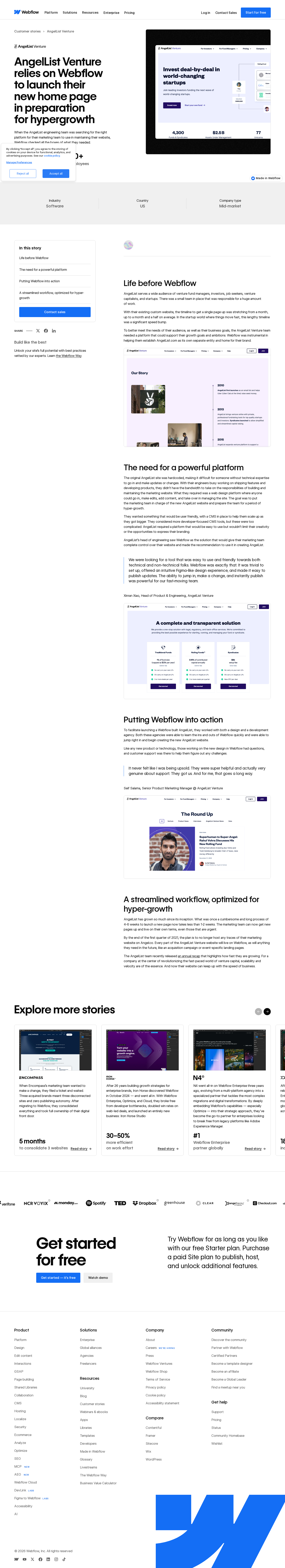 Full screenshot of Webflow x AngelList Venture, from 6-week pages to 1-week launches