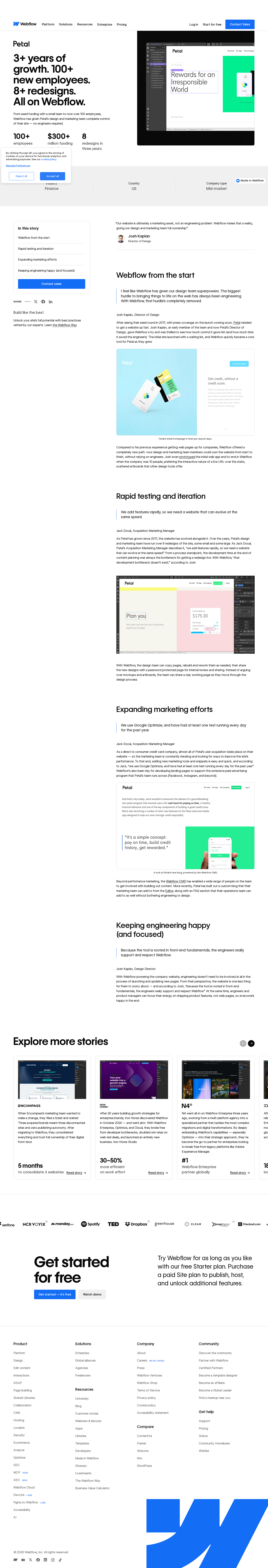 Full screenshot of Webflow x Petal, design team takes full website ownership without engineering