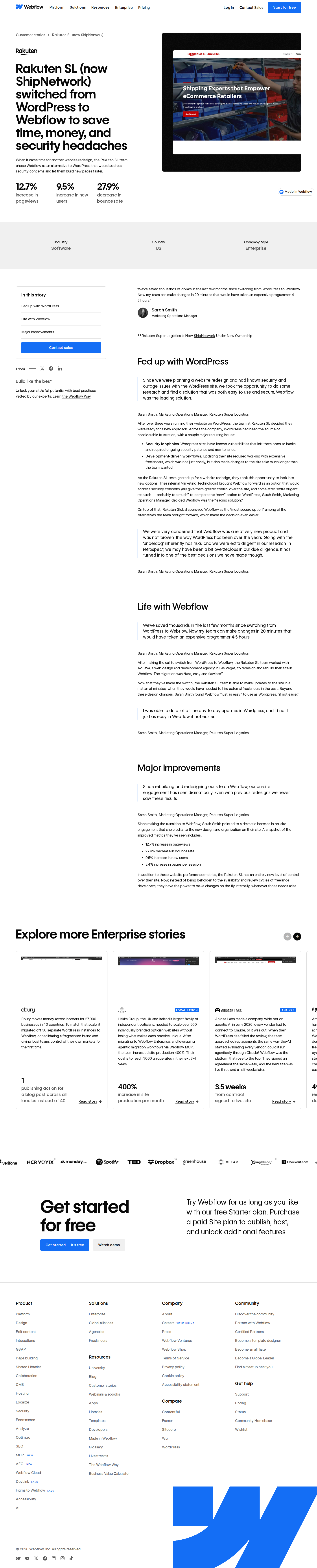 Screenshot of Webflow x Rakuten SL, from WordPress bottlenecks to 20-minute updates
