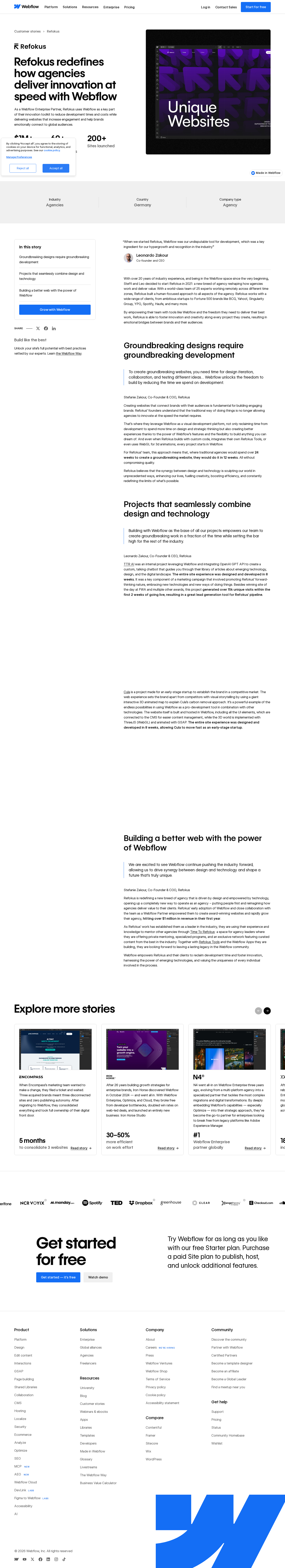 Screenshot of Webflow x Refokus, $1M revenue and 60+ awards in year one