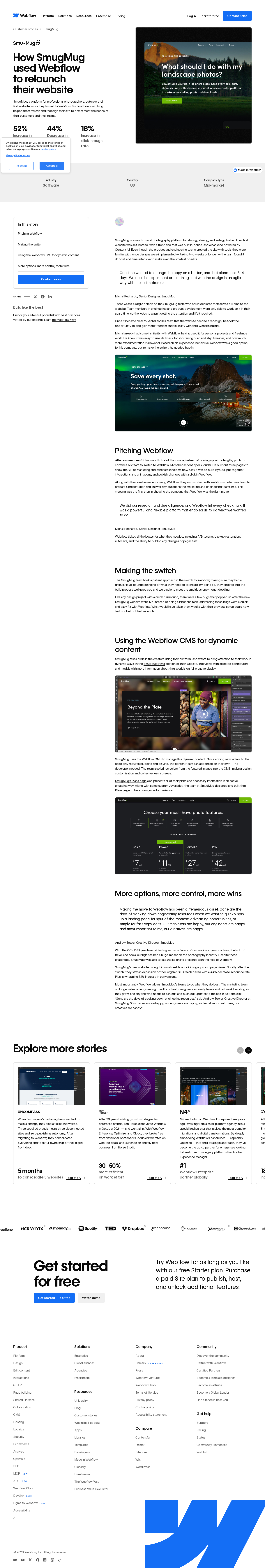 Screenshot of Webflow x SmugMug, 52% conversion lift after platform switch