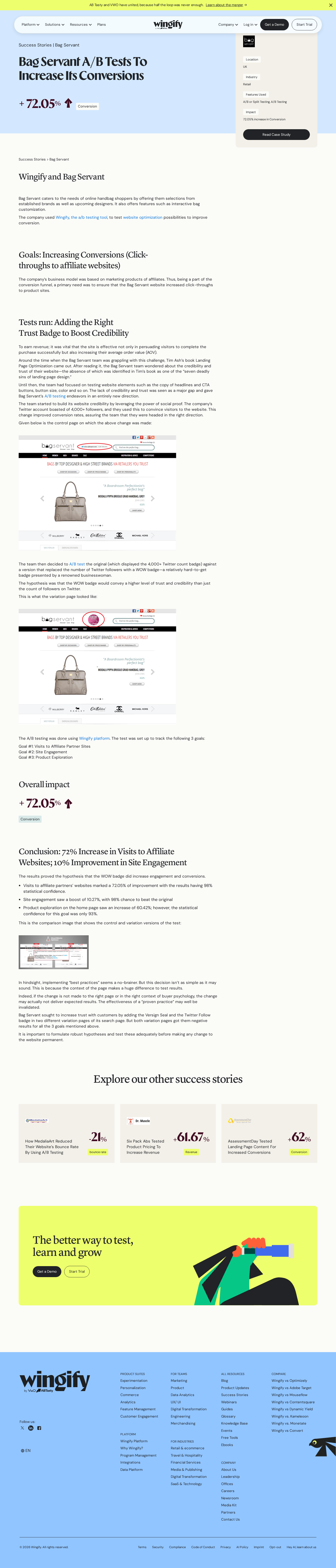 Screenshot of Wingify x Bag Servant, trust badge swap drives 72% conversion lift