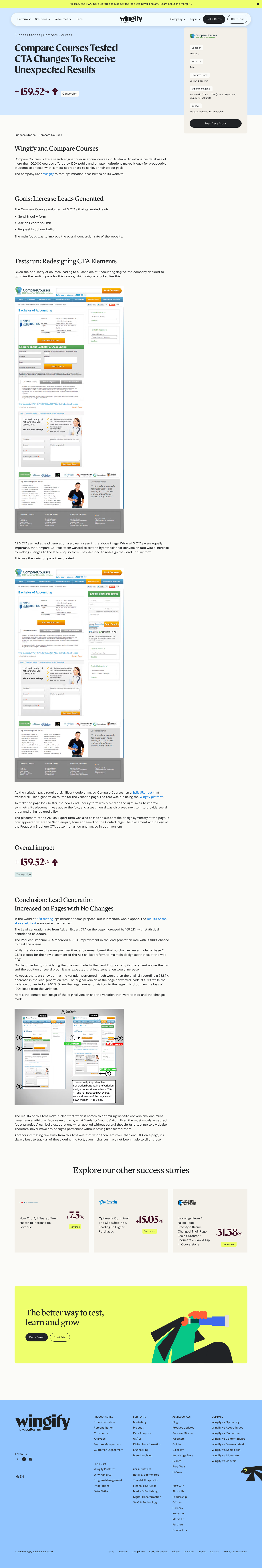 Screenshot of Wingify x Compare Courses, unexpected CTA gains from page redesign