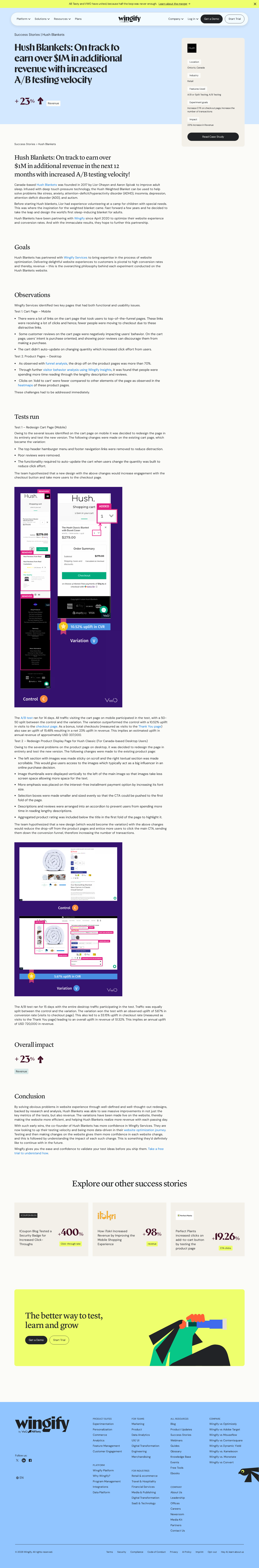Screenshot of Wingify x Hush Blankets, two A/B tests on track for $1M in added revenue