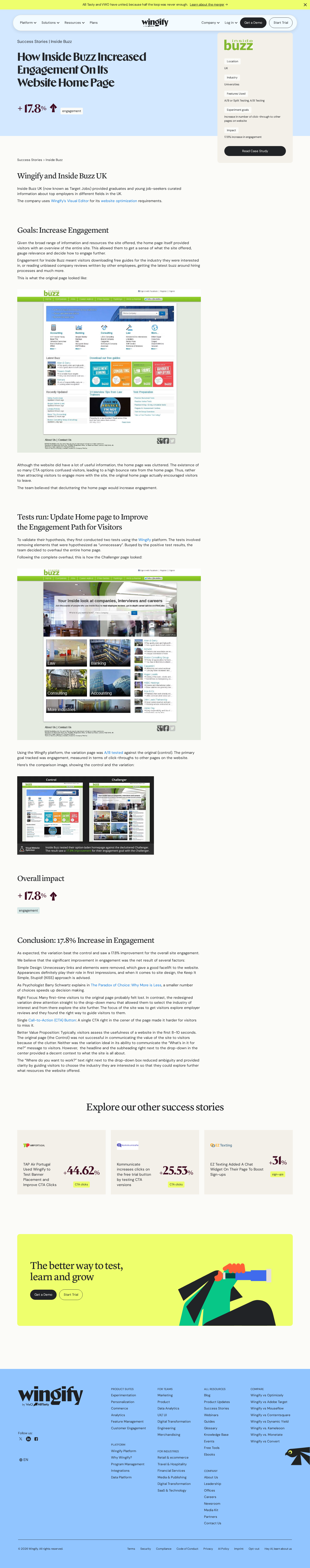 Screenshot of Wingify x Inside Buzz UK, decluttering a home page lifts engagement 17.8%