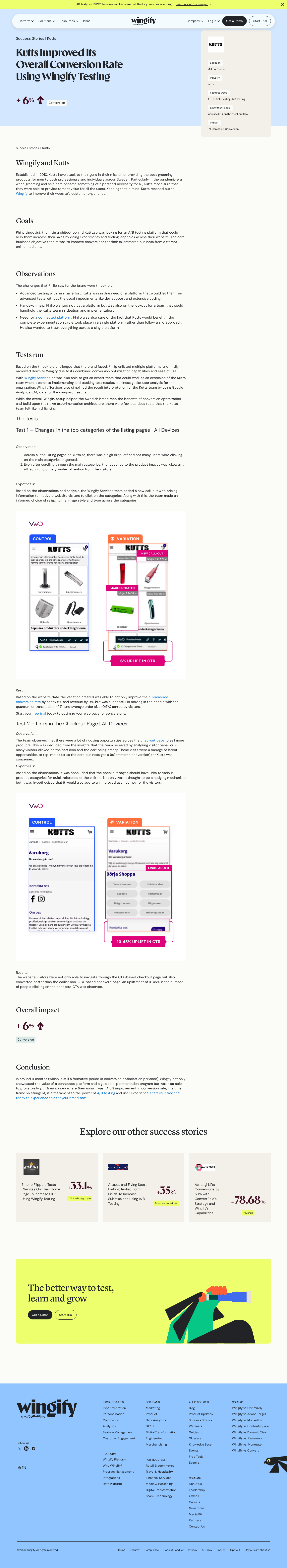 Screenshot of Wingify x Kutts, 6% conversion lift in 9 months via guided A/B testing
