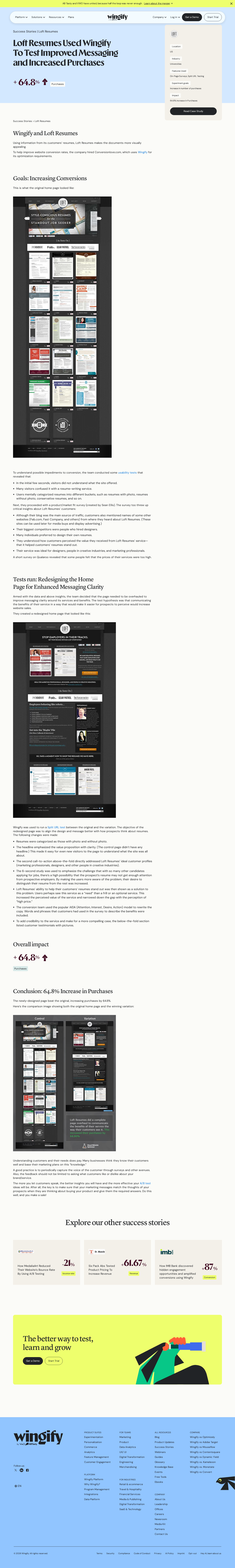 Screenshot of Wingify x Loft Resumes, messaging clarity drives 64.8% purchase lift