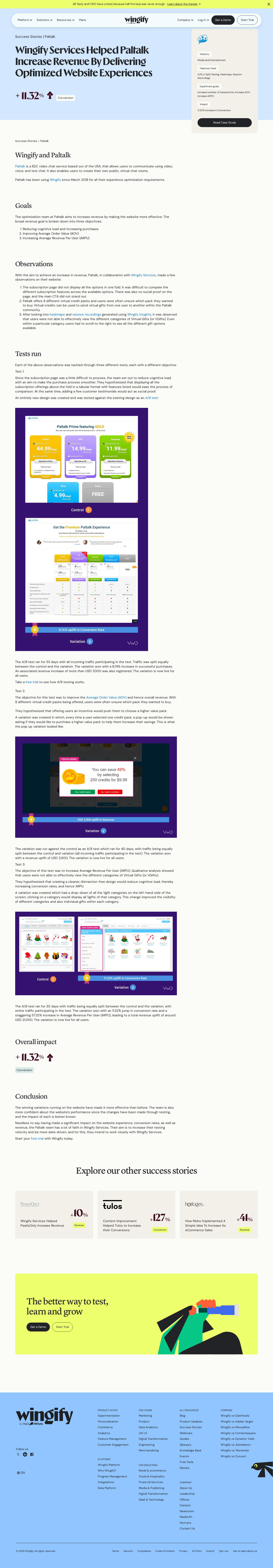 Screenshot of Wingify x Paltalk, three A/B tests add up to real revenue gains