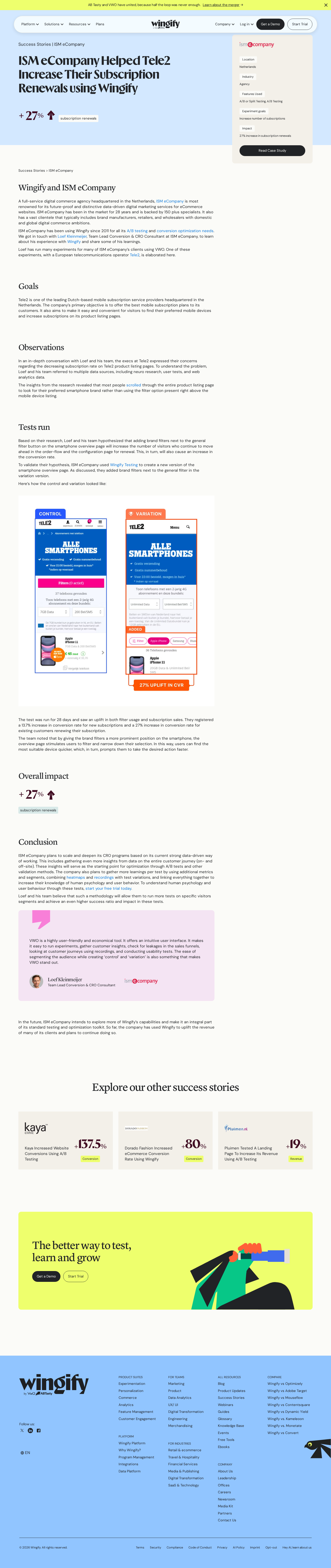 Screenshot of Wingify x Tele2 via ISM eCompany, brand filter placement lifts renewals 27%