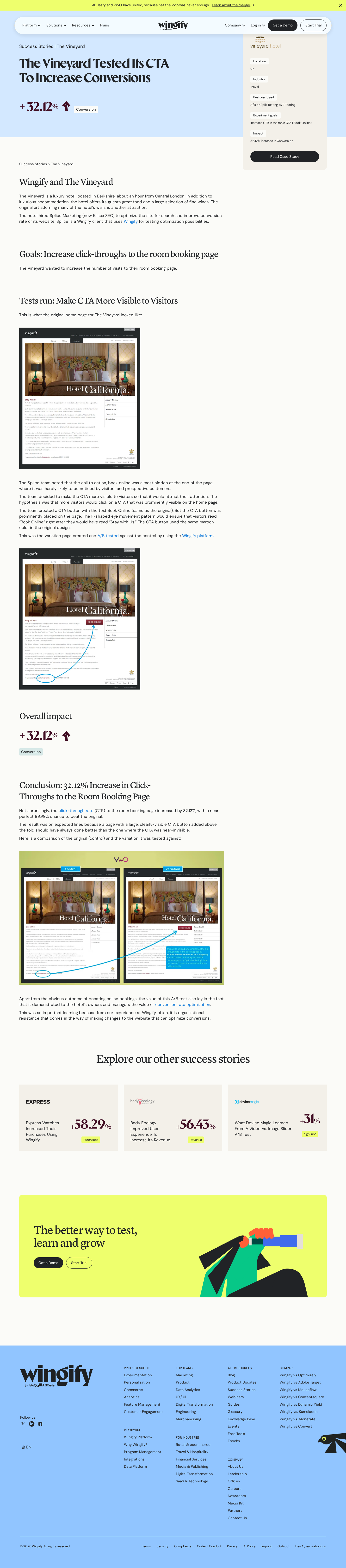 Screenshot of Wingify x The Vineyard, 32% more bookings from one CTA move