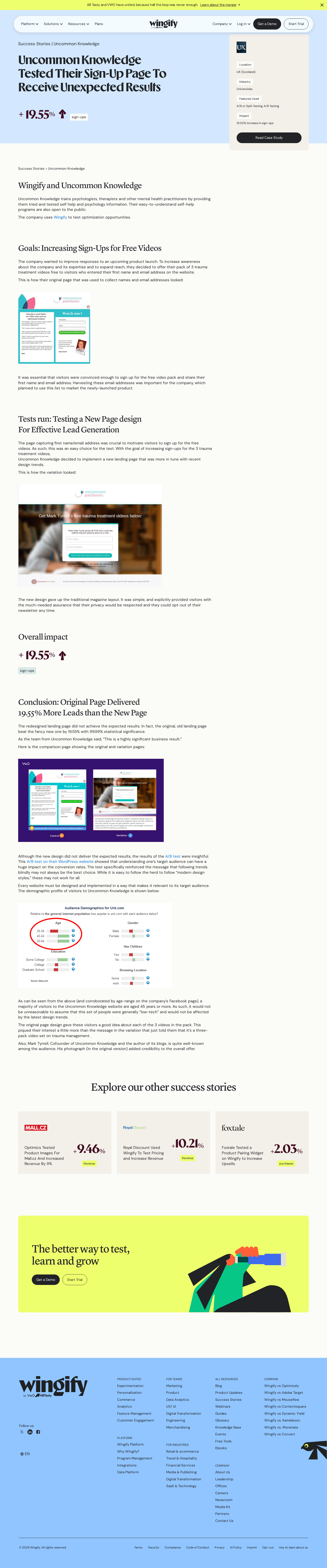 Screenshot of Wingify x Uncommon Knowledge, the old page won