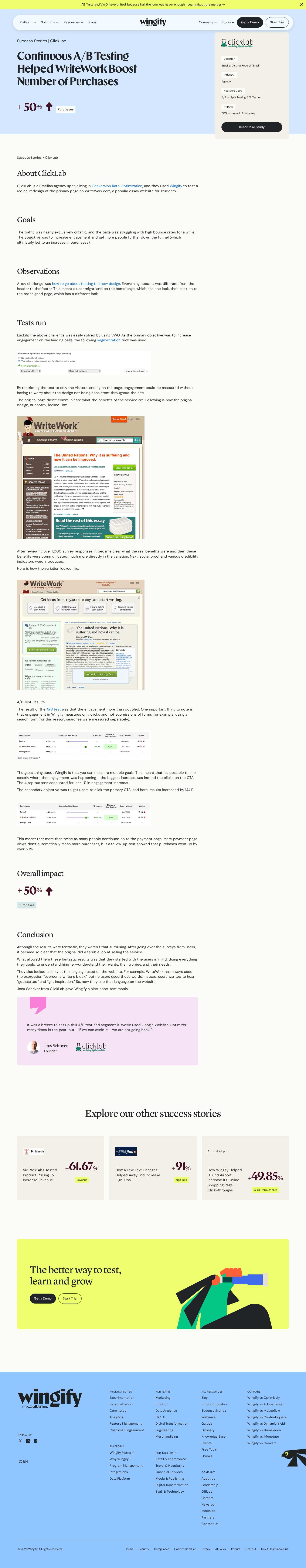 Screenshot of Wingify x WriteWork, 50% more purchases through survey-driven A/B redesign