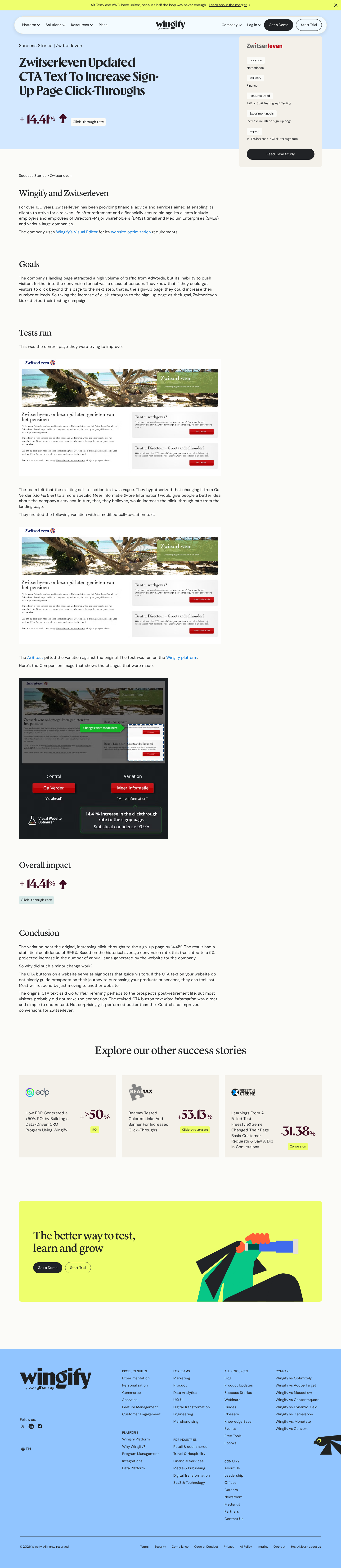 Screenshot of Wingify x Zwitserleven, one CTA word change lifts sign-up clicks 14%